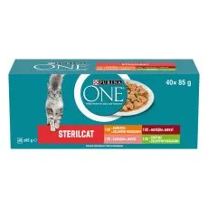PURINA ONE STERILCAT Multipack pi&scaron;čanec, govedina, losos in puran v soku 40x85g
