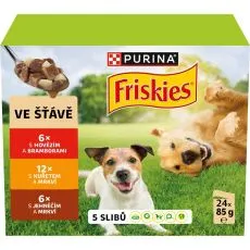 FRISKIES ADULT multipack z govedino, pi&scaron;čancem in jagnjetino v soku 24 x 85 g