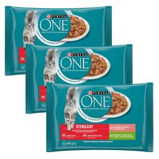 PURINA ONE STERILCAT s puranom in stročjim fižolom v soku in z lososom in korenjem v soku 12 x 85 g