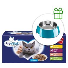 PreVital MEGA BOX vrečke piščanec/teletina/losos/jetra v omaki 40 x 100 g + skleda BREZPLAČNO