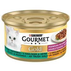 Pločevinka Gourmet GOLD - pečeni in dušeni koščki kunca in jetrc, 85 g