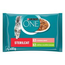 PURINA ONE STERILCAT s puranom in stročjim fižolom v soku in z lososom in korenjem v soku 4 x 85 g