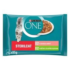 PURINA ONE STERILCAT s puranom in stročjim fižolom v soku in z lososom in korenjem v soku 4 x 85 g