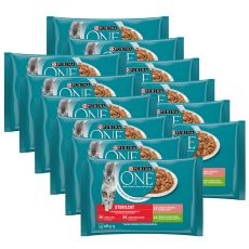 PURINA ONE STERILCAT s puranom in stročjim fižolom v soku in z lososom in korenjem v soku 48 x 85 g