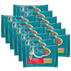 PURINA ONE STERILCAT s puranom in stročjim fižolom v soku in z lososom in korenjem v soku 48 x 85 g